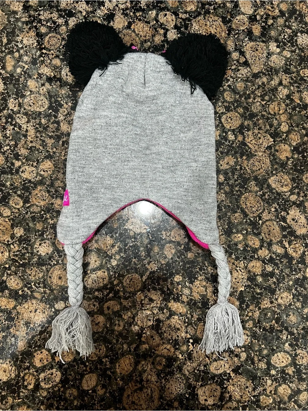Disney Grey Minnie Mouse Earflap Hat with Black Pom Ears and Pink Lining